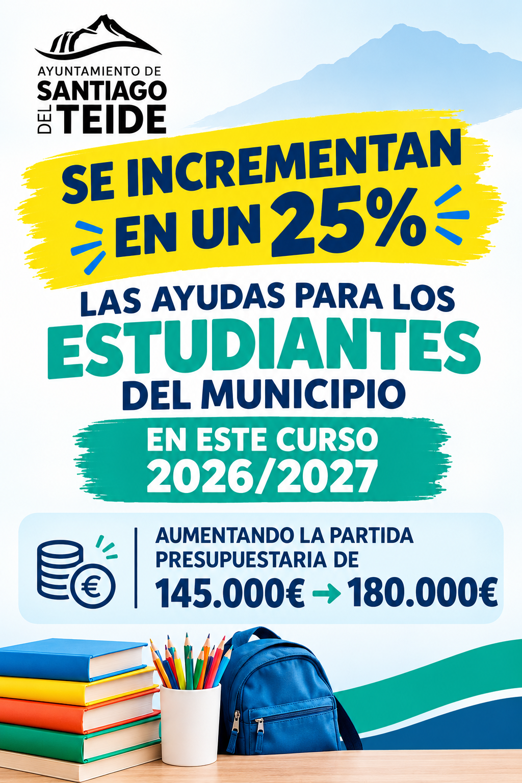 El ayuntamiento incrementa en un 25% las ayudas para los estudiantes del municipio en este curso 2026/2027